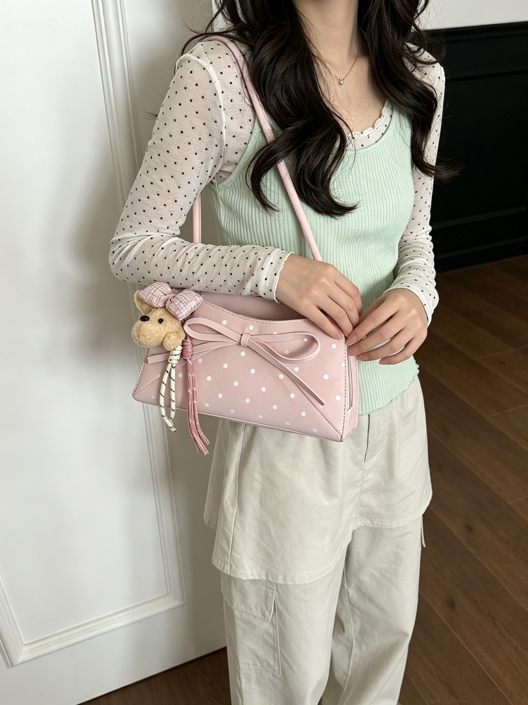 حقيبة كتف وردية بطبعة نقاط بولكا وتفاصيل فيونكة