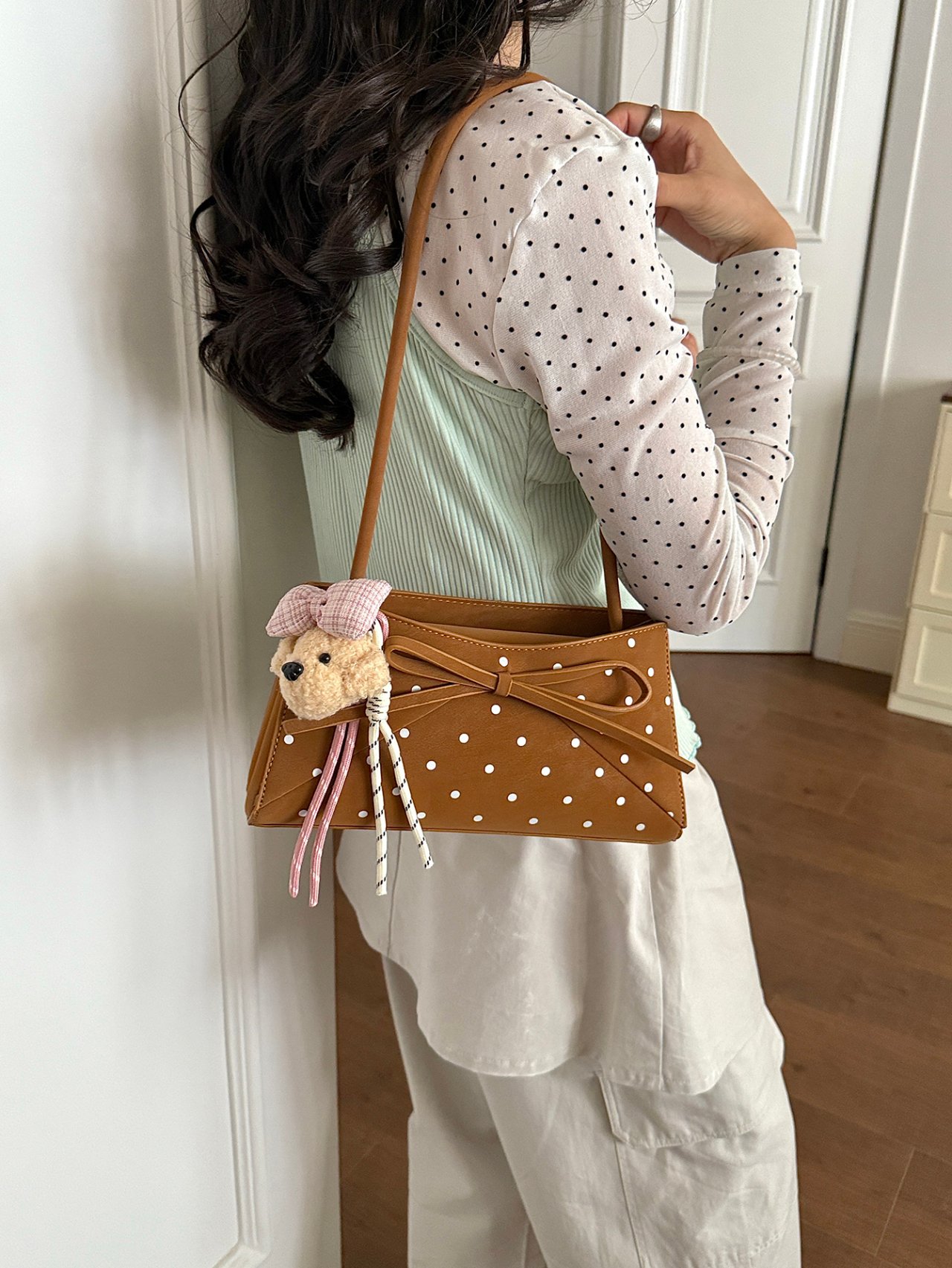 Polka Dot Bow-Accent Shoulder Bag with Charm