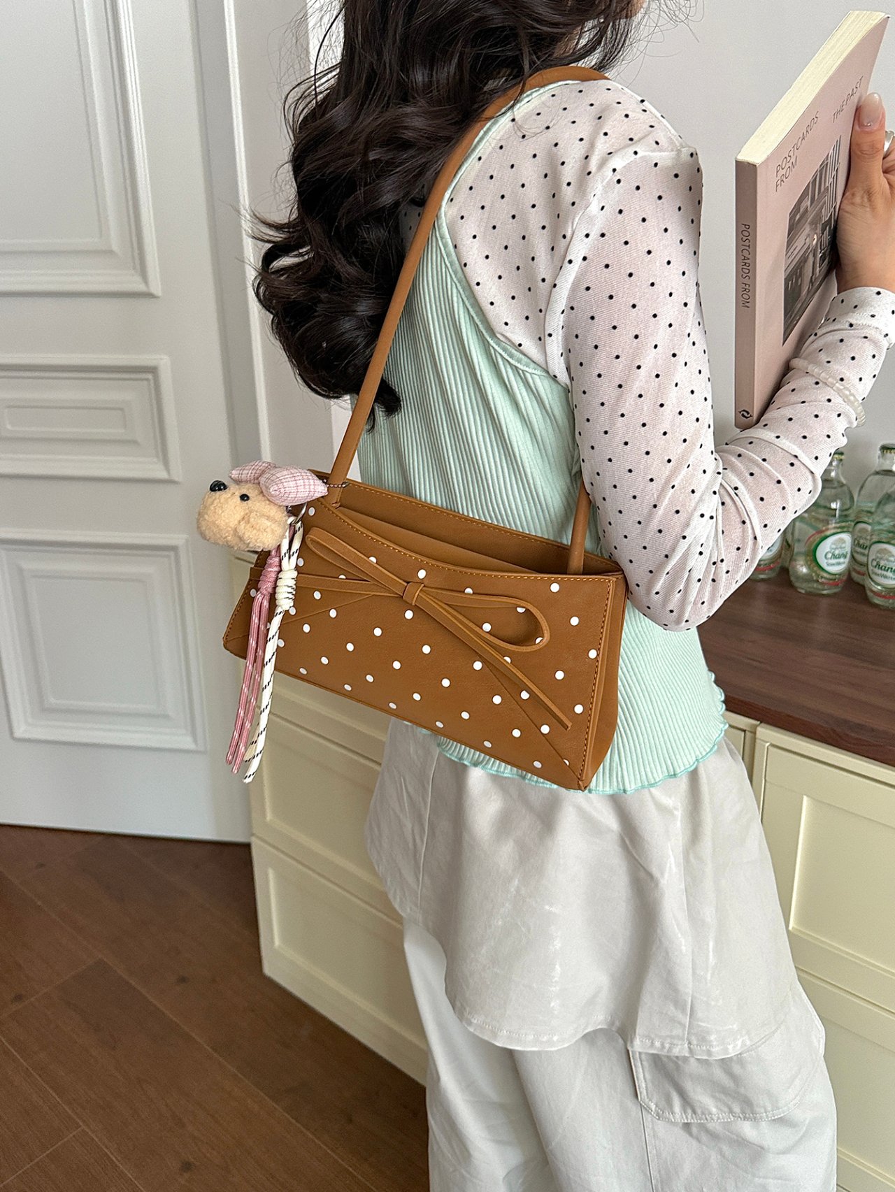 Polka Dot Bow-Accent Shoulder Bag with Charm
