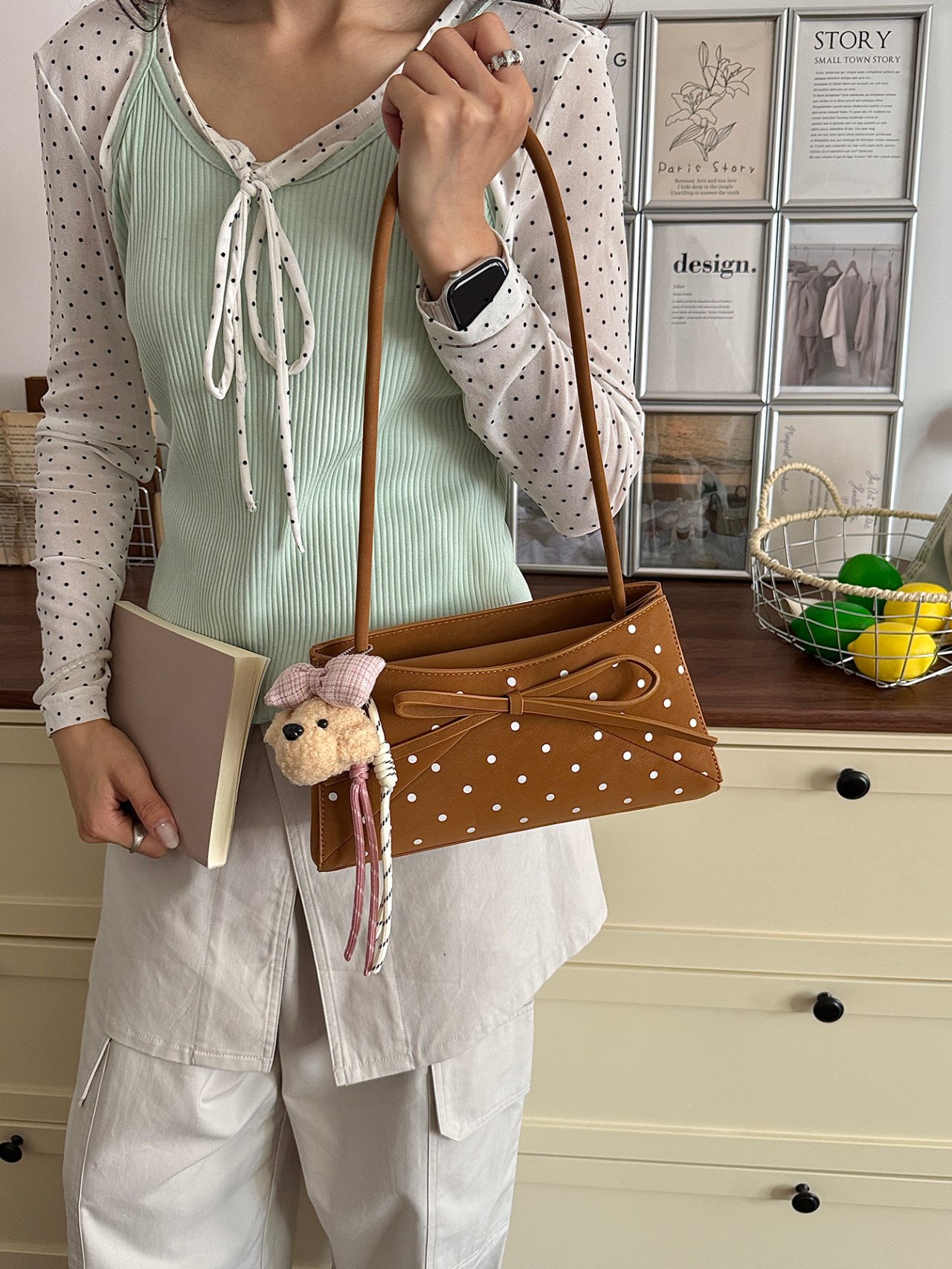 Polka Dot Bow-Accent Shoulder Bag with Charm