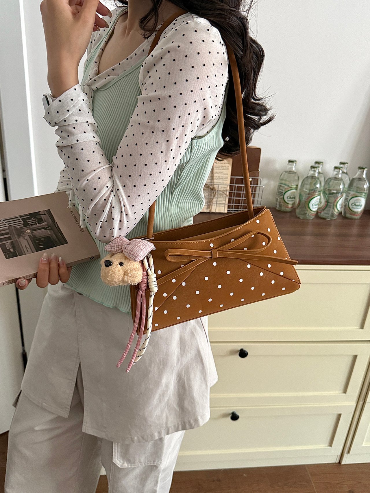 Polka Dot Bow-Accent Shoulder Bag with Charm