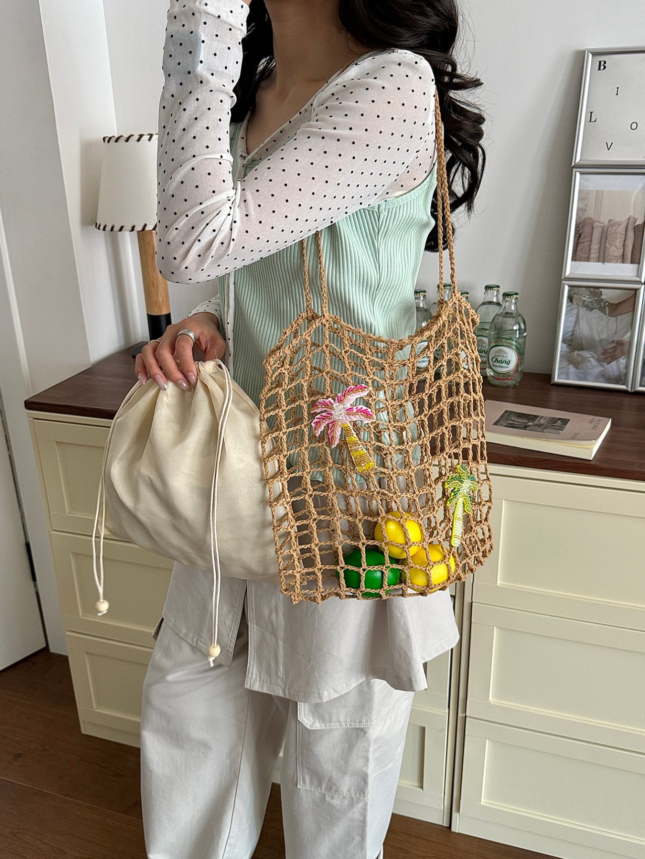 Khaki Woven Mesh Beach Shoulder Bag