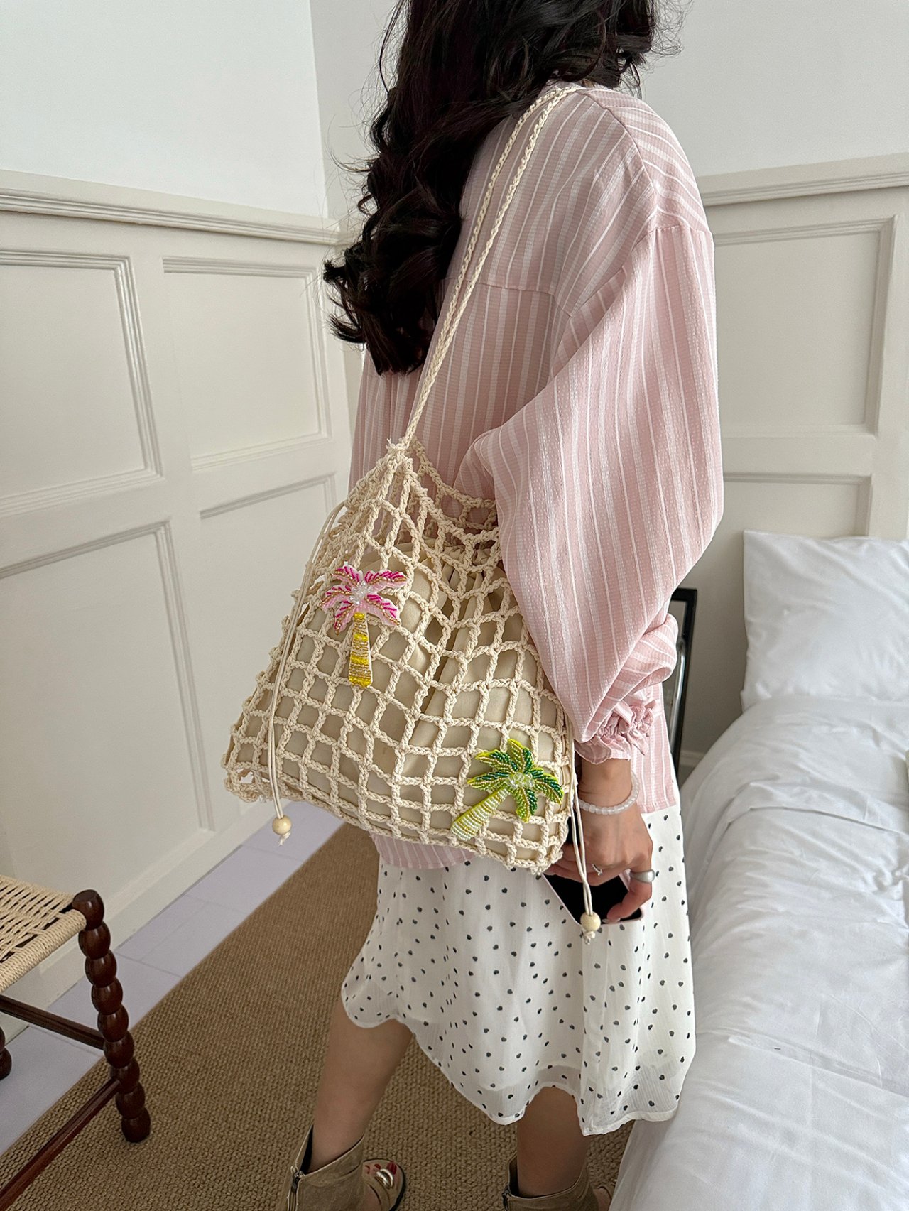 Beige Crochet Palm Tree Beach Tote Bag