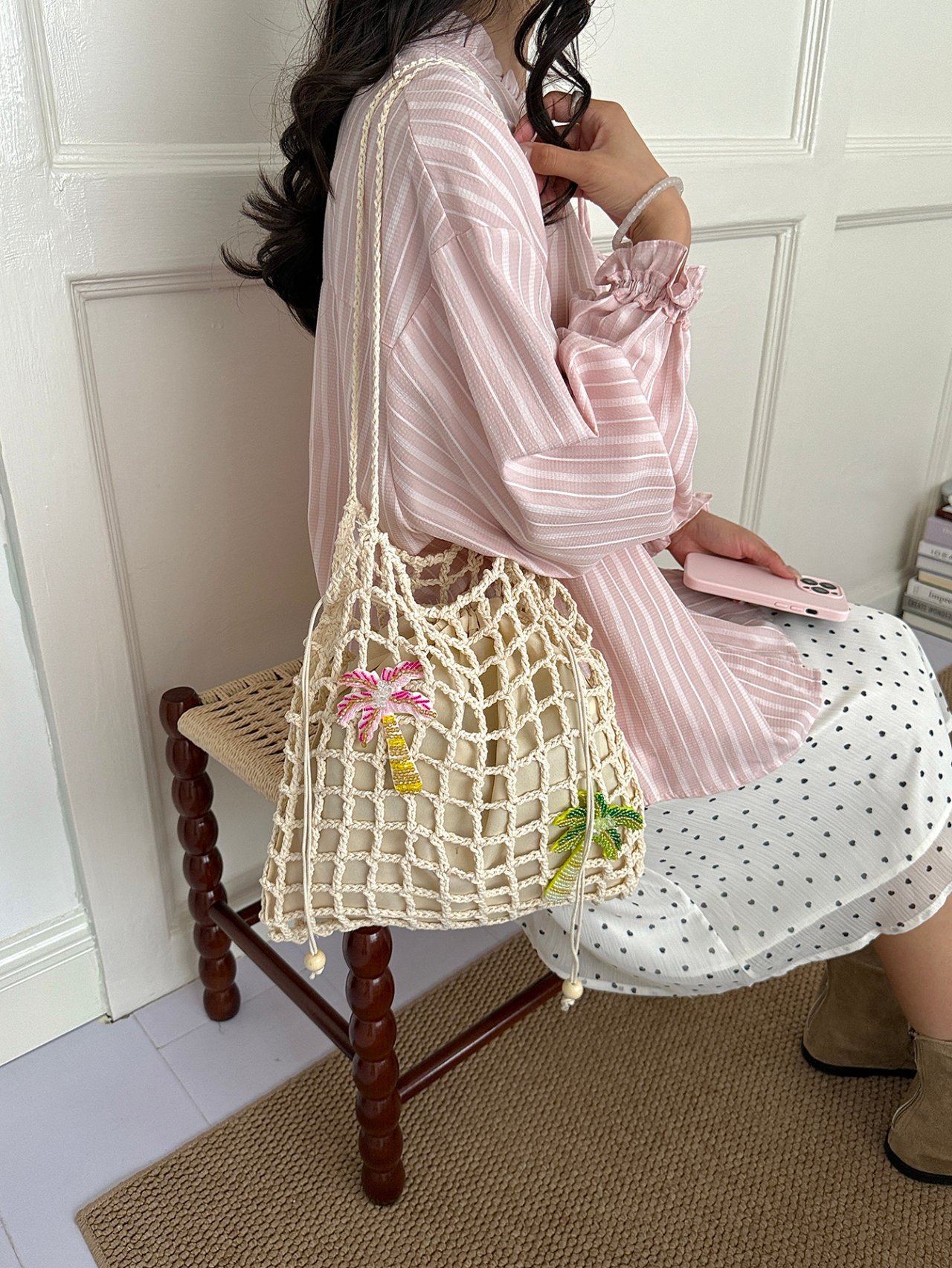 Beige Crochet Palm Tree Beach Tote Bag