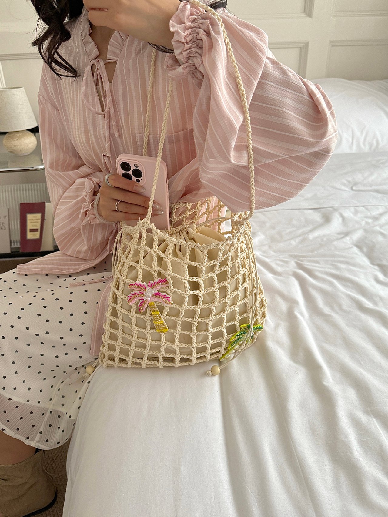 Beige Crochet Palm Tree Beach Tote Bag