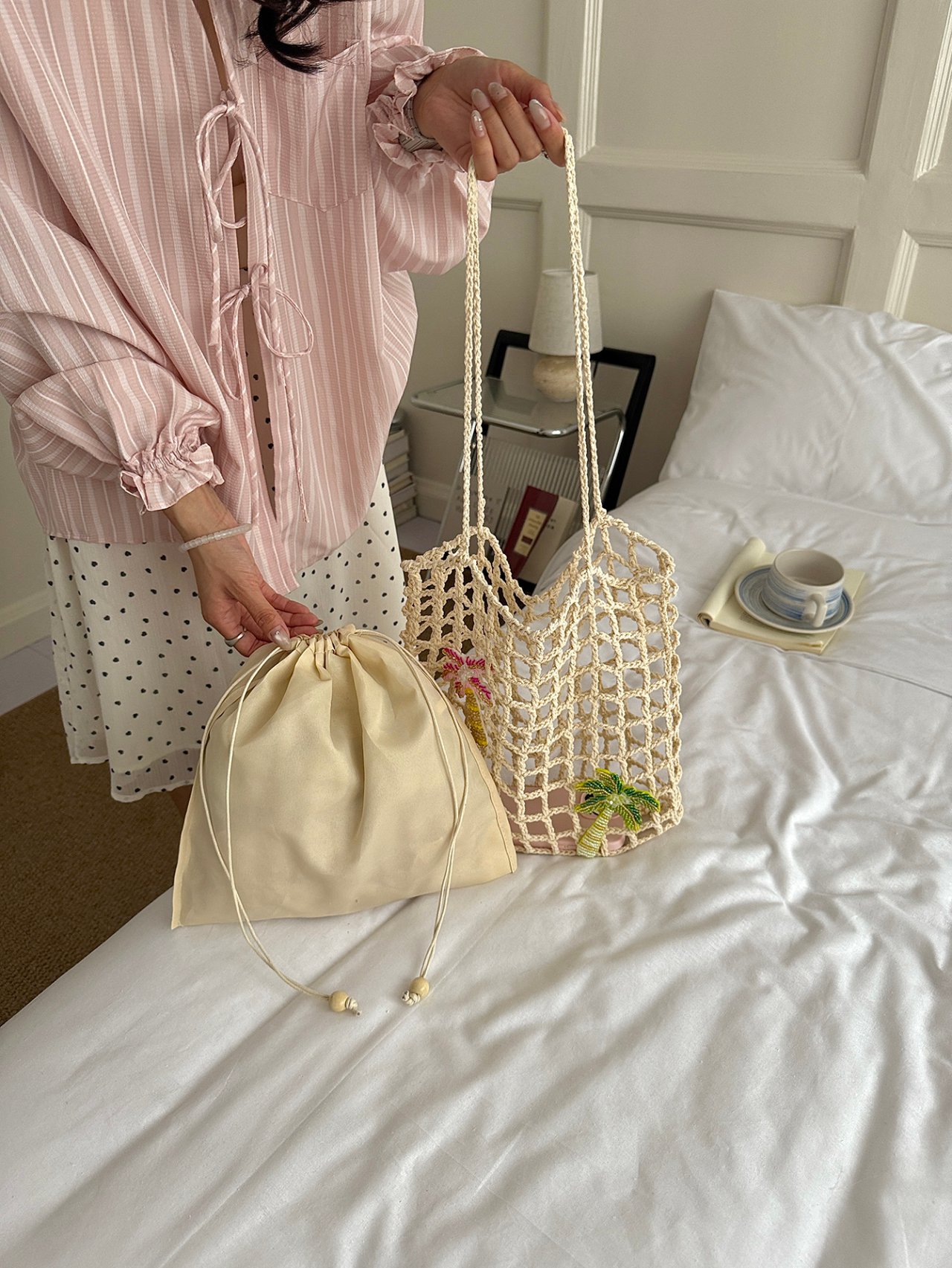 Beige Crochet Palm Tree Beach Tote Bag