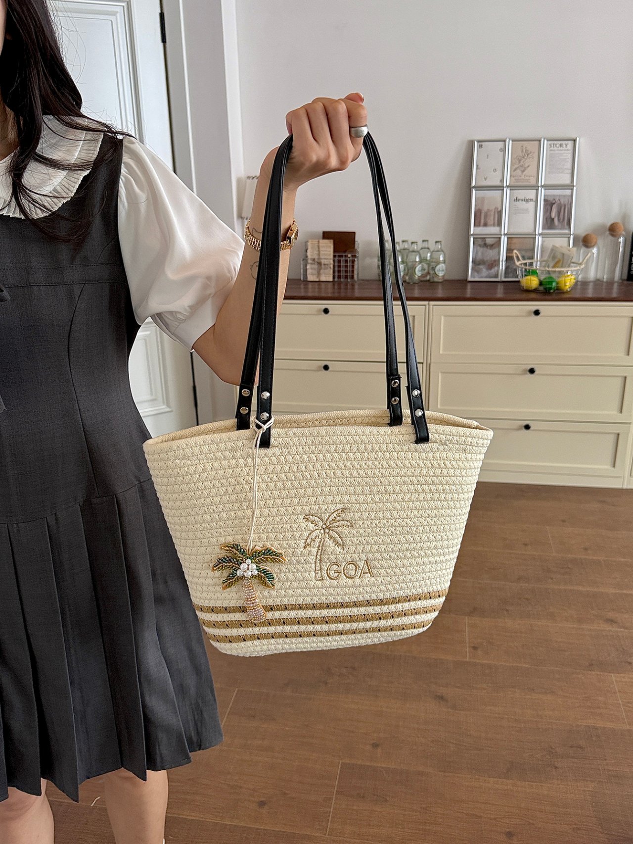 Beige Palm Tree Embroidered Straw Tote Bag