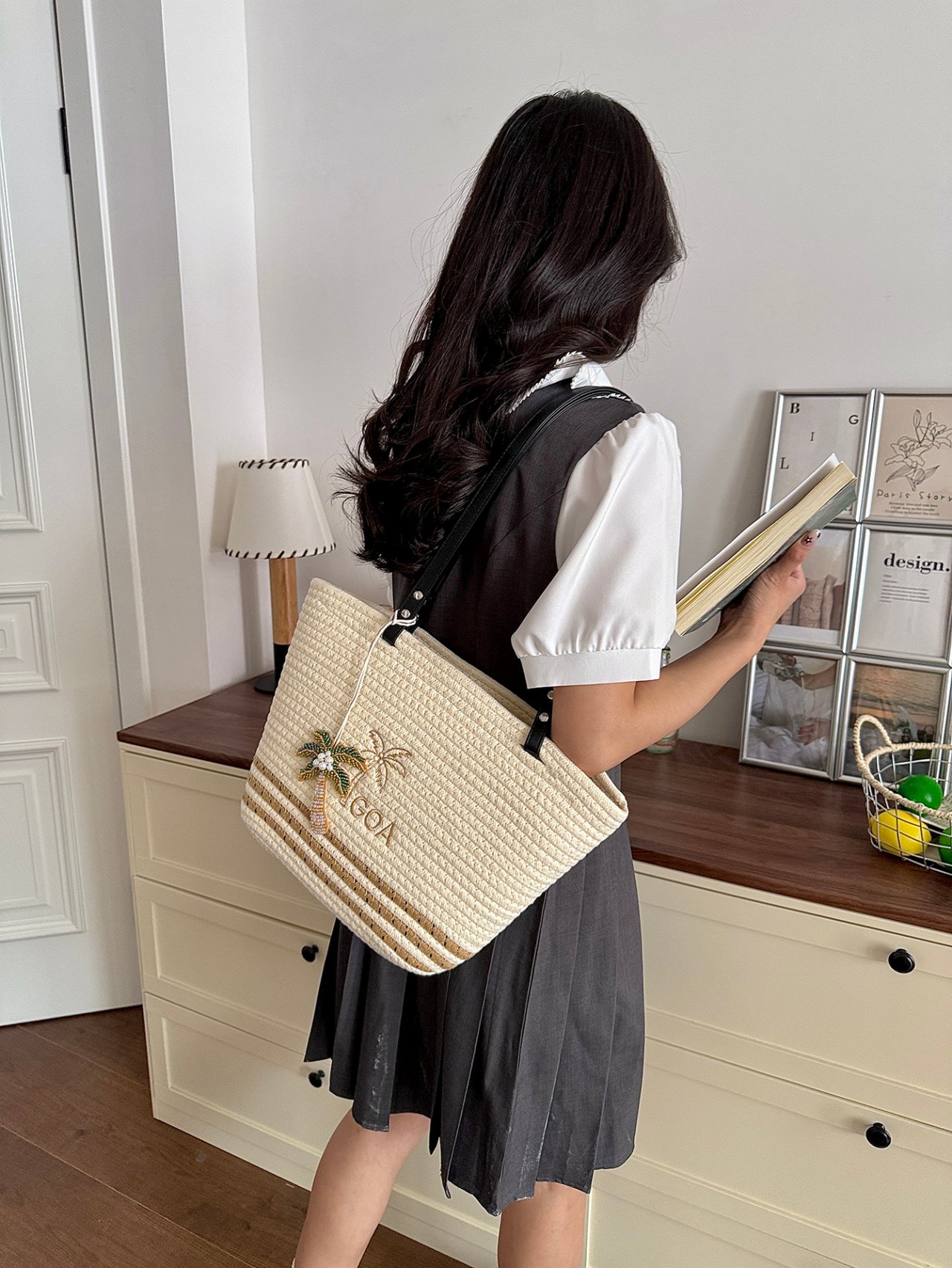 Beige Palm Tree Embroidered Straw Tote Bag