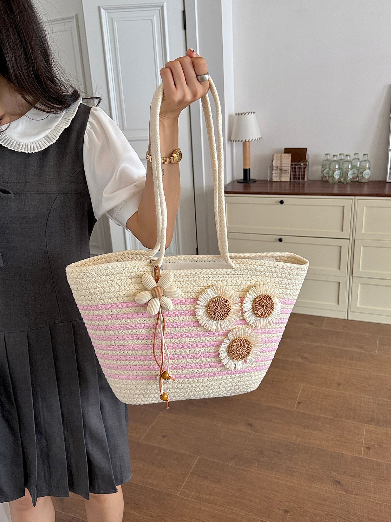 Floral Striped Straw Tote Bag