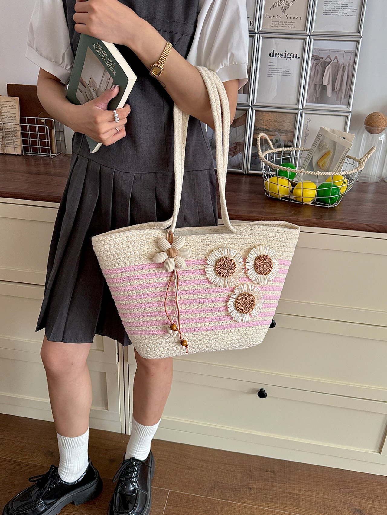 Floral Striped Straw Tote Bag