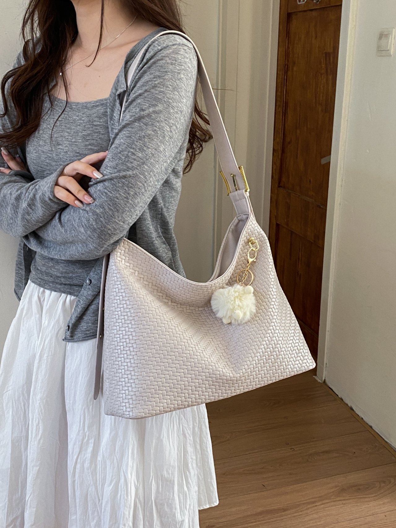 Off-White Woven Shoulder Bag with Charm