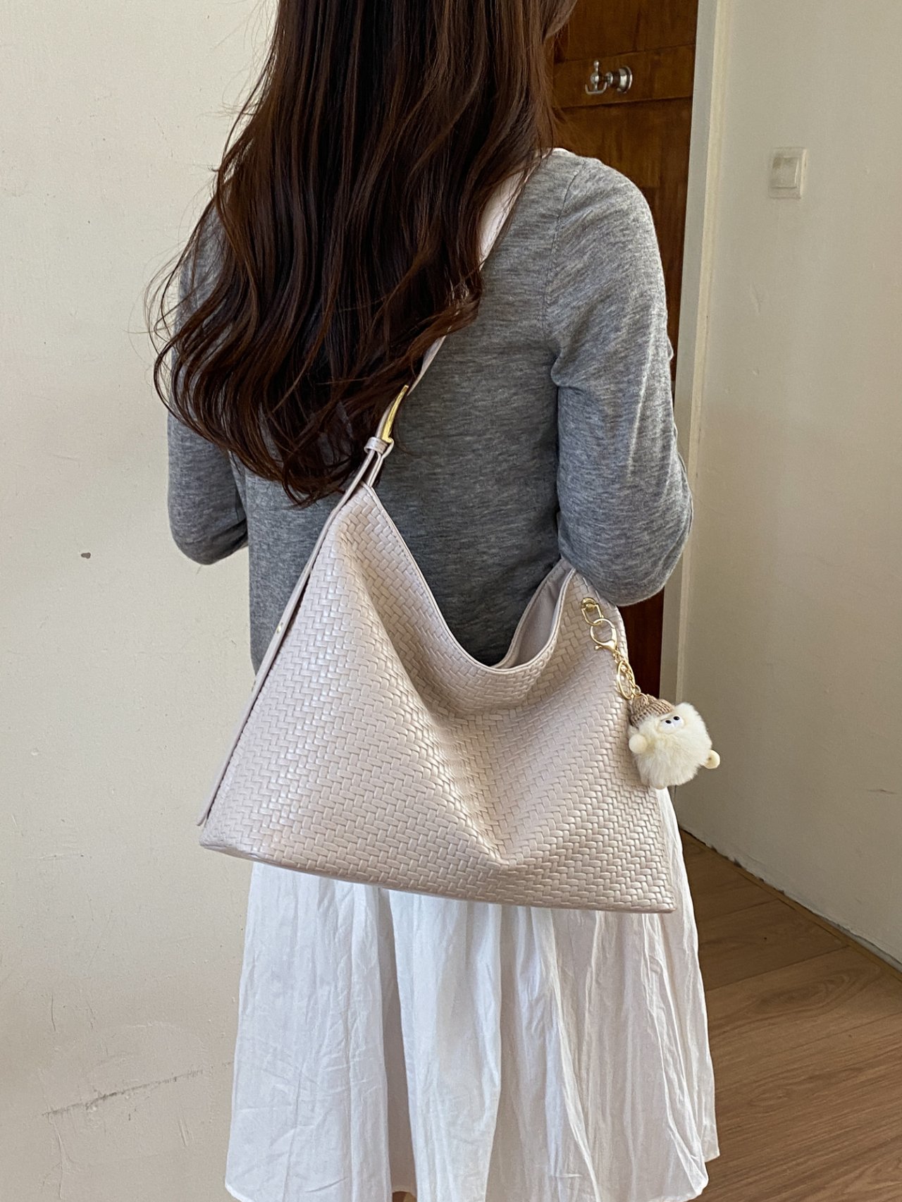 Off-White Woven Shoulder Bag with Charm