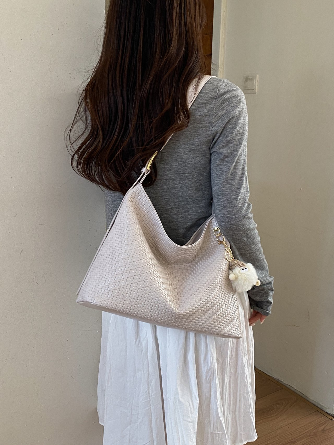 Off-White Woven Shoulder Bag with Charm