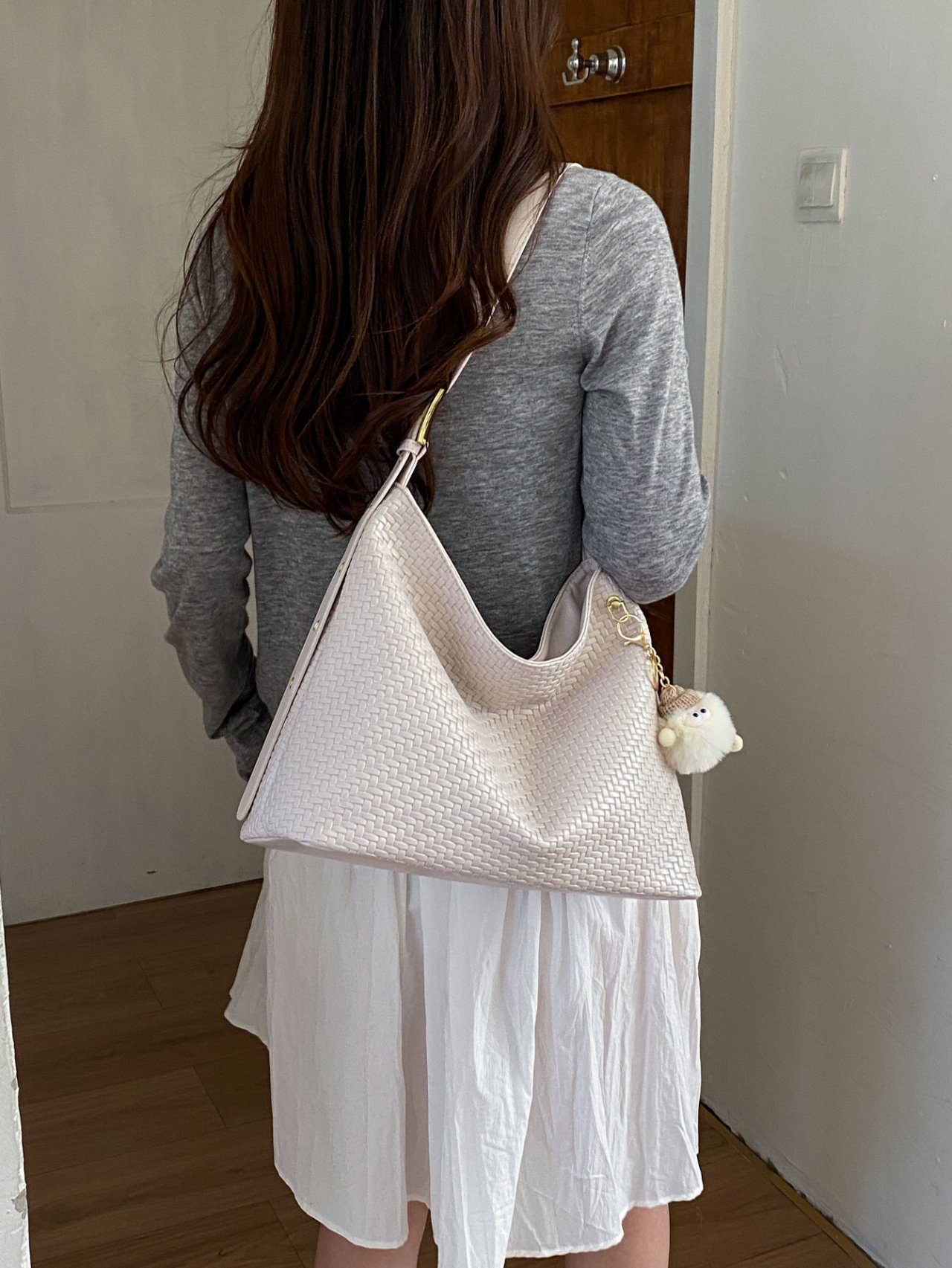 Off-White Woven Shoulder Bag with Charm