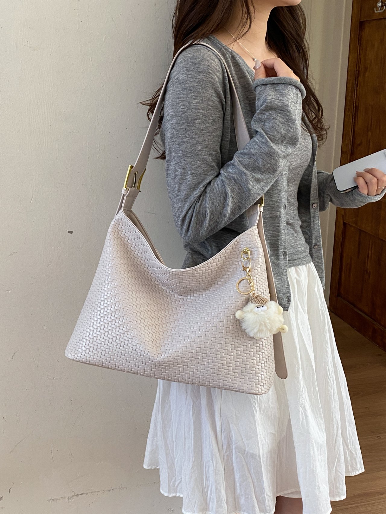 Off-White Woven Shoulder Bag with Charm