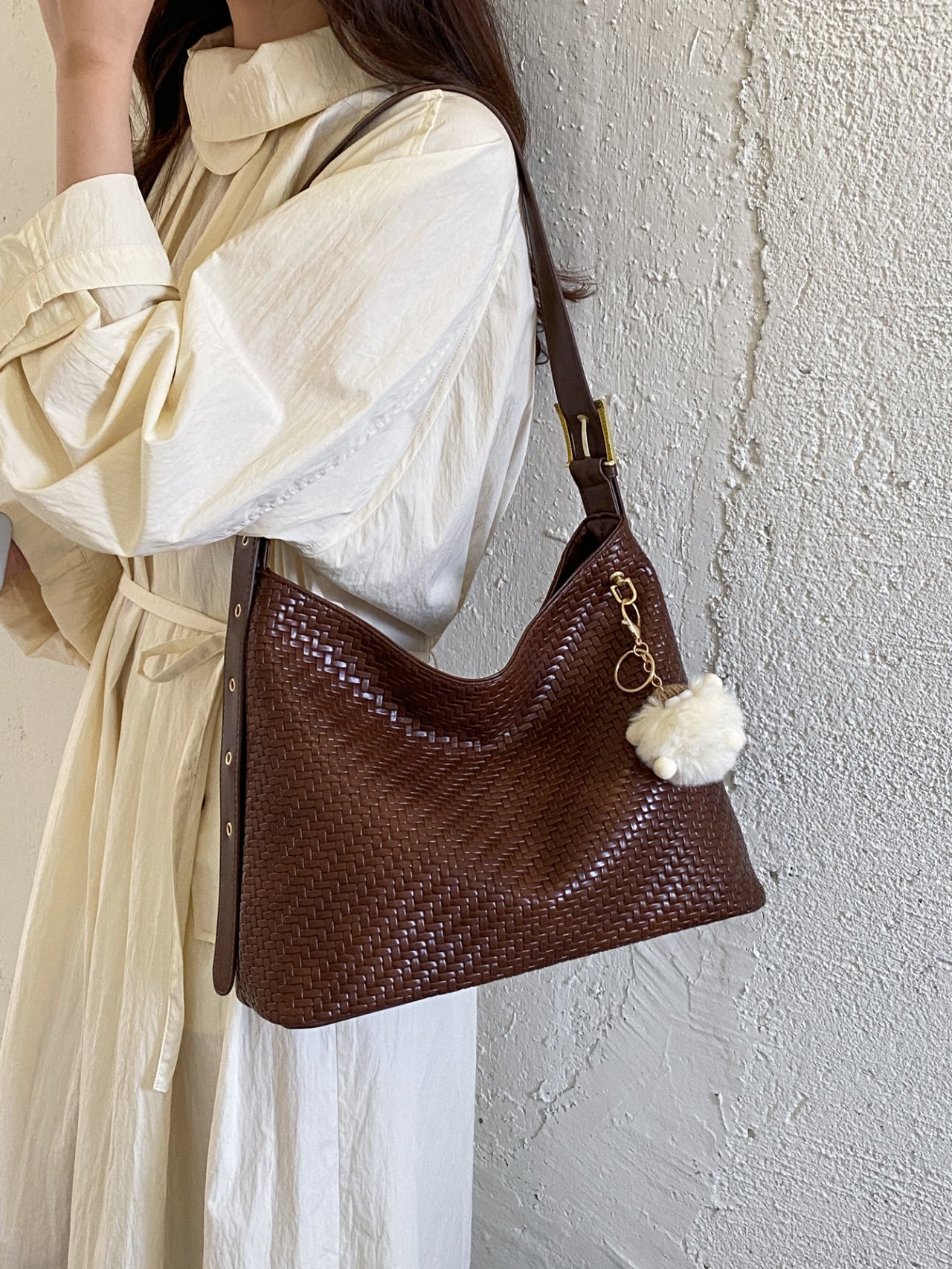 Brown Textured Shoulder Bag with Charm