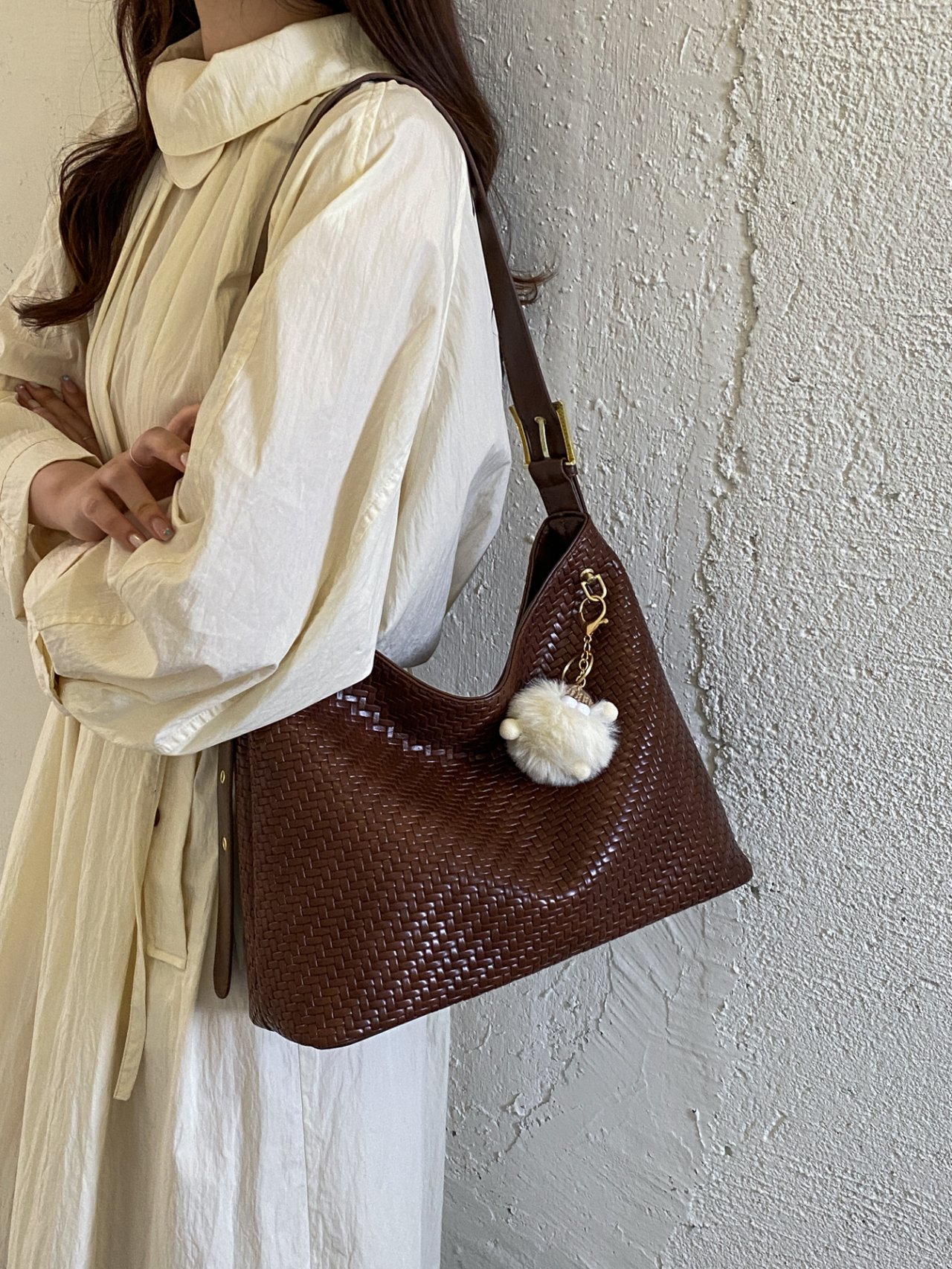 Brown Textured Shoulder Bag with Charm