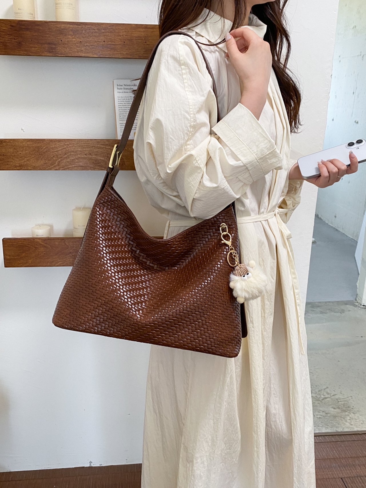 Brown Textured Shoulder Bag with Charm
