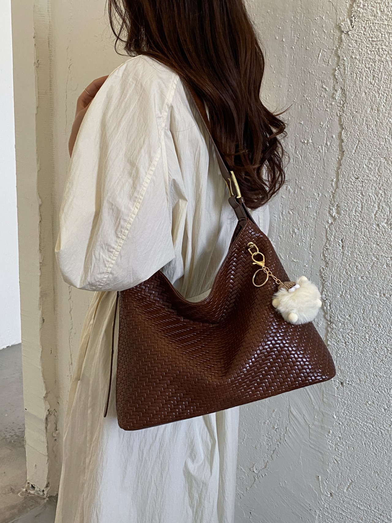 Brown Textured Shoulder Bag with Charm