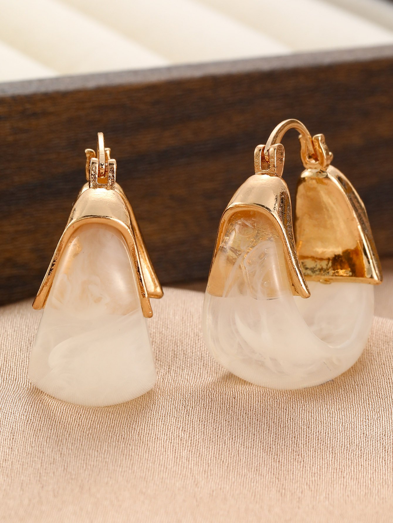 Gold and White Swirl Hoop Earrings
