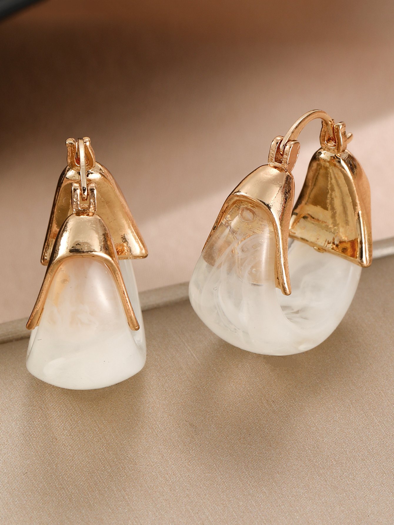 Gold and White Swirl Hoop Earrings