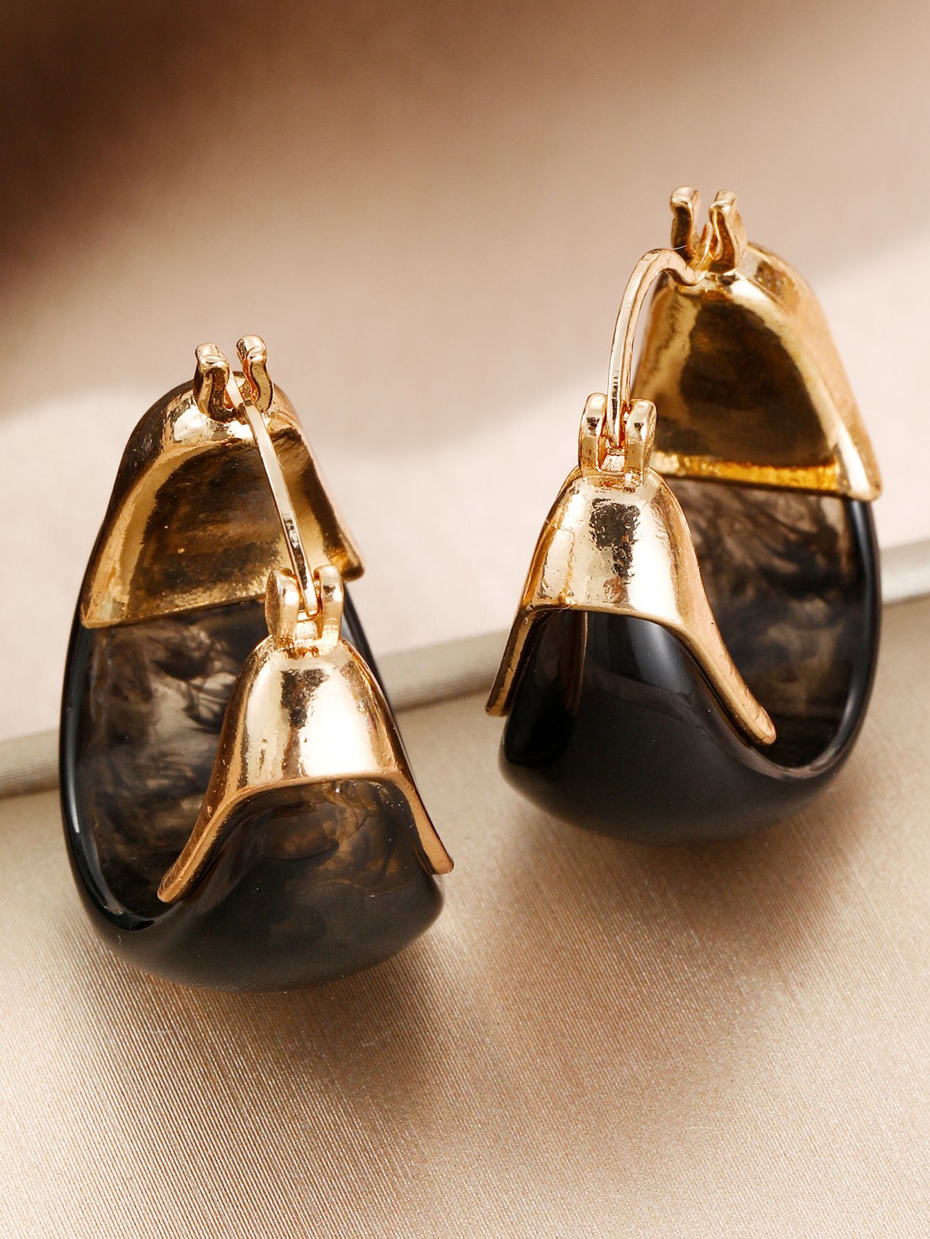 Gold-Tone Hoop Earrings with Dark Teardrop Accent