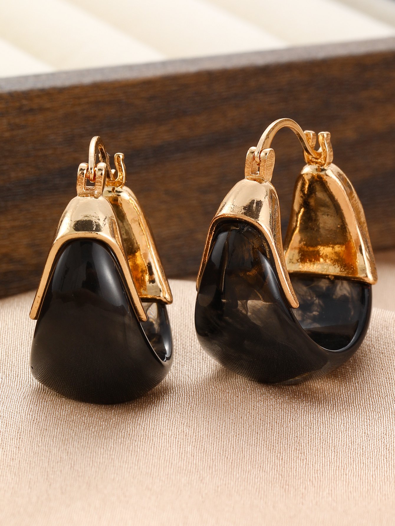 Gold-Tone Hoop Earrings with Dark Teardrop Accent