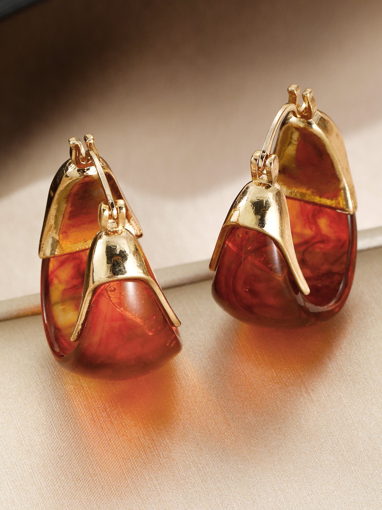 Golden Tone Amber Drop Hoop Earrings