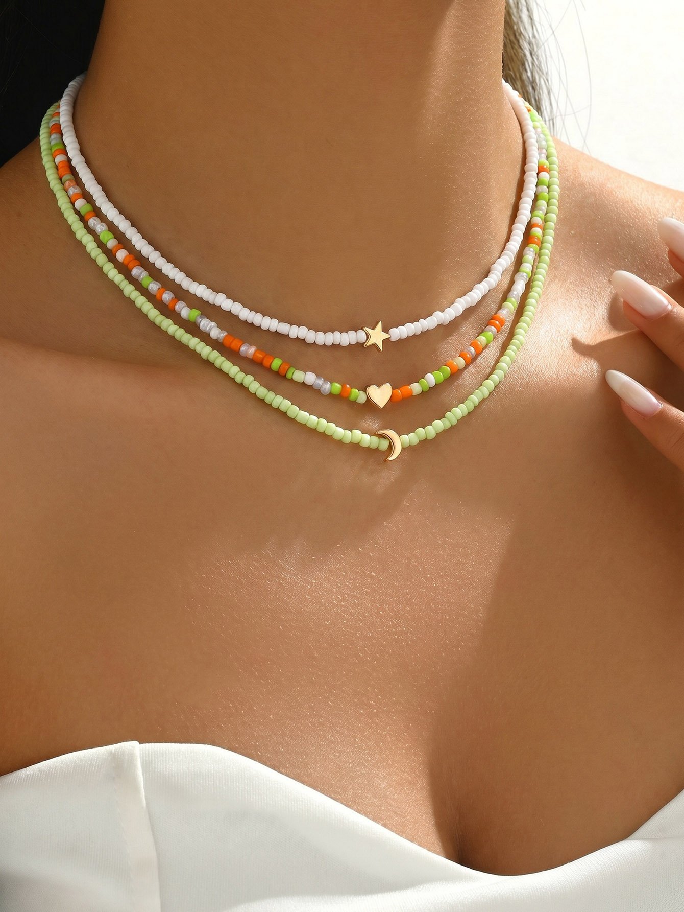 Multi-Color Beaded Layered Necklace Set with Charms