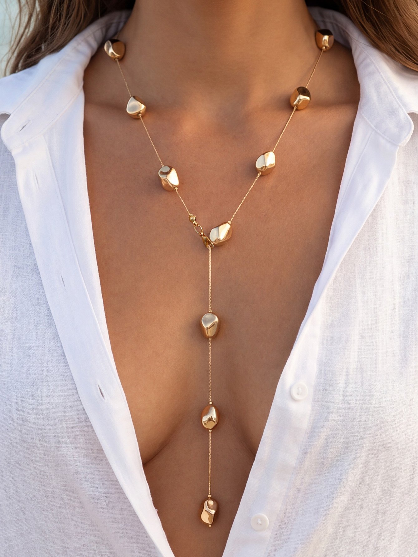 Gold Irregular Pebble Drop Necklace