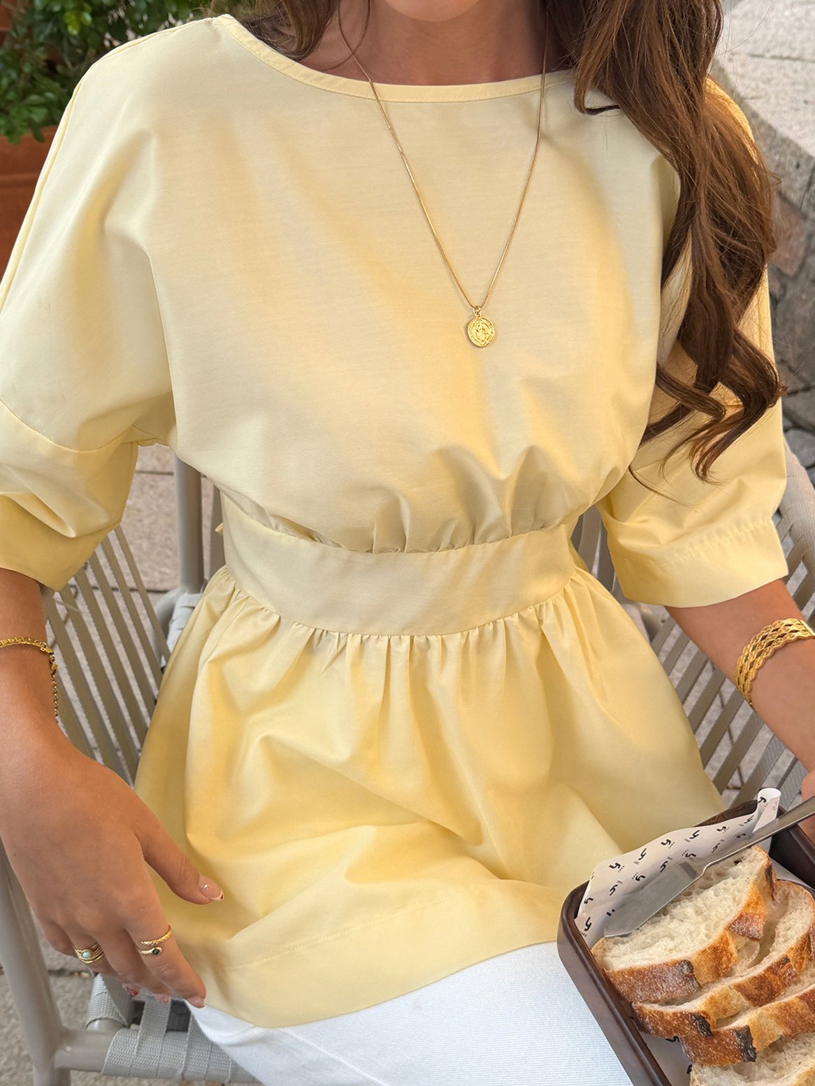 Yellow Short-Sleeve Blouse with Gathered Waist