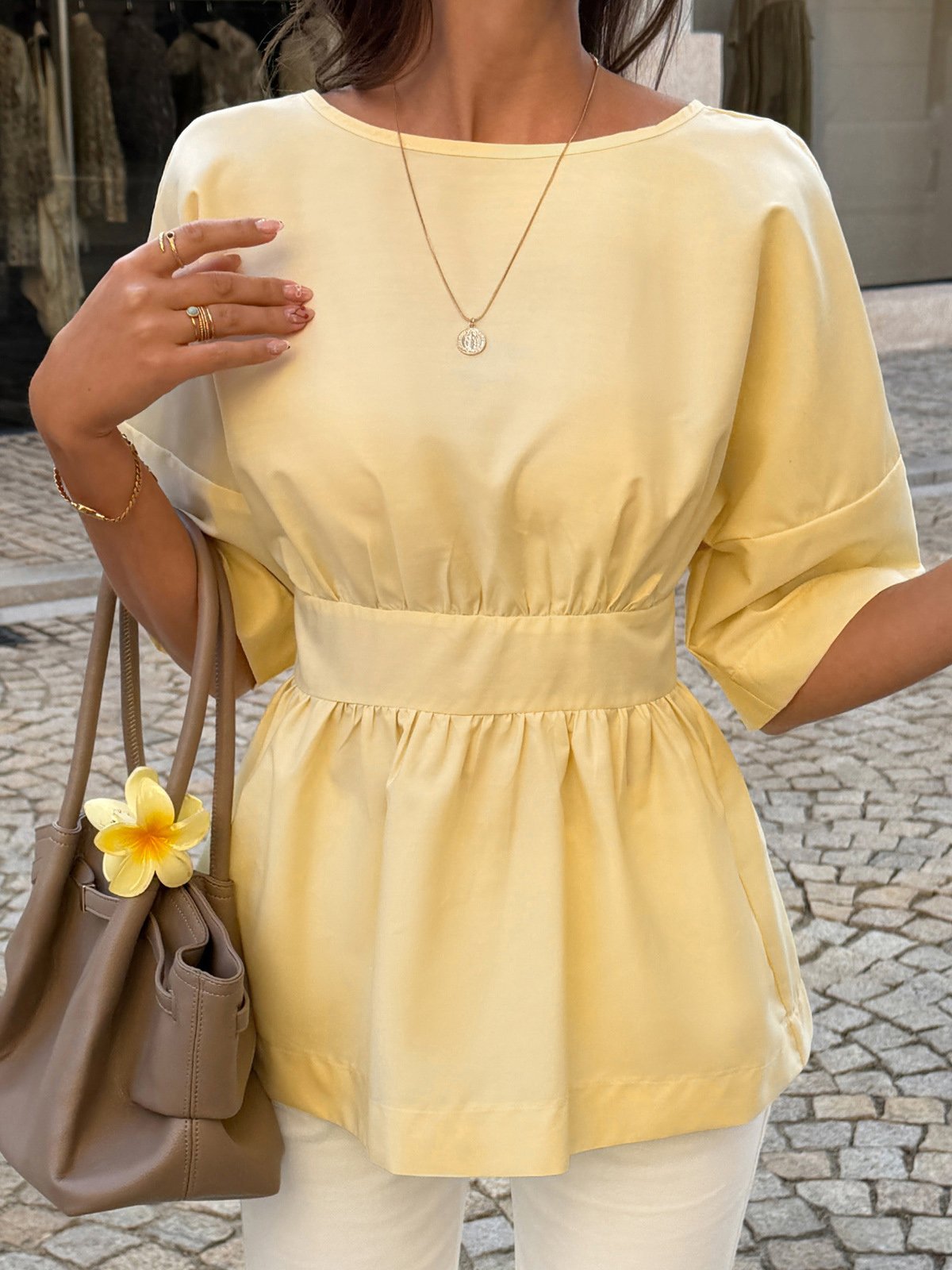 Yellow Short-Sleeve Blouse with Gathered Waist