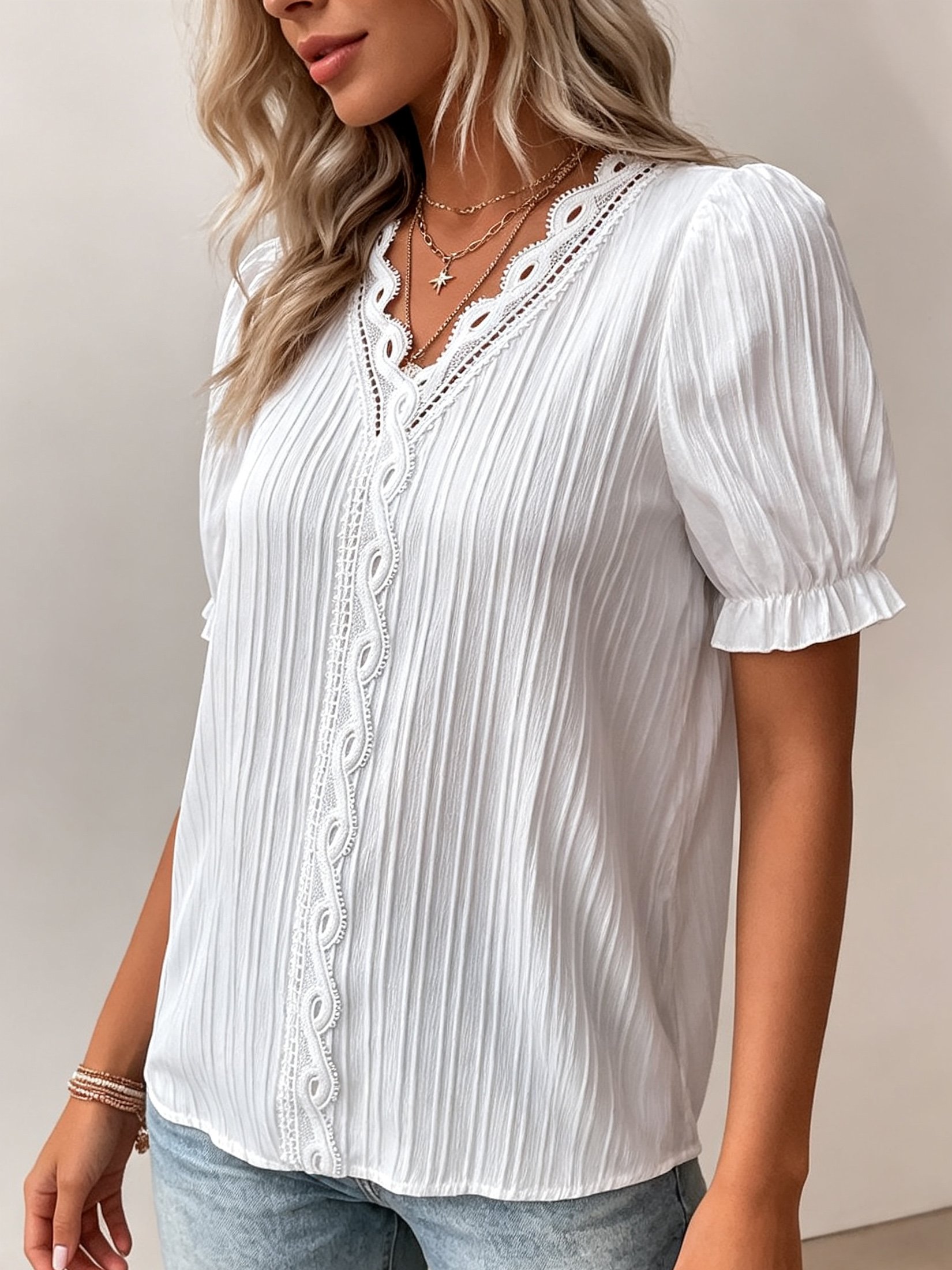 White Lace-Trim Blouse with Puff Sleeves