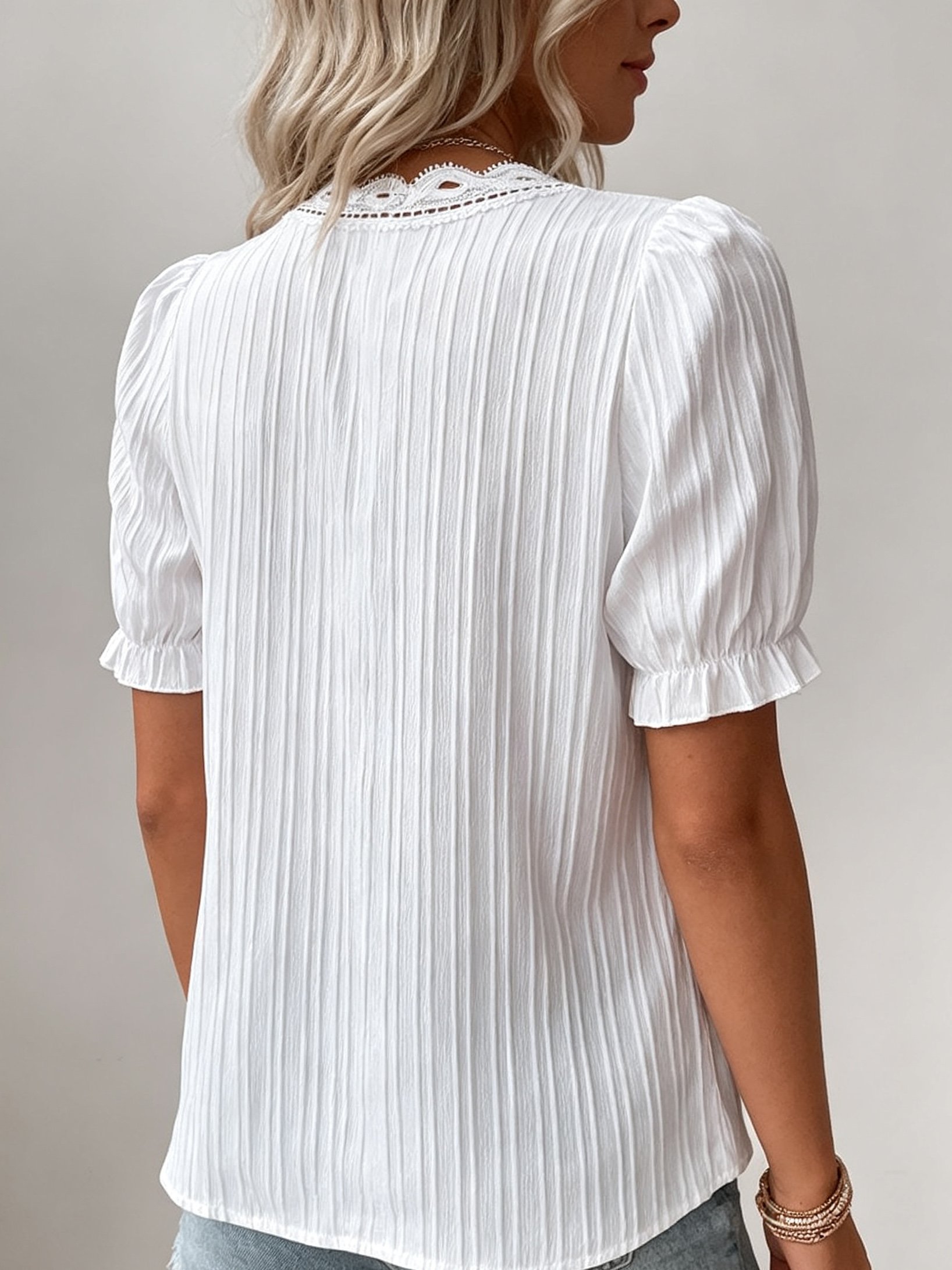 White Lace-Trim Blouse with Puff Sleeves