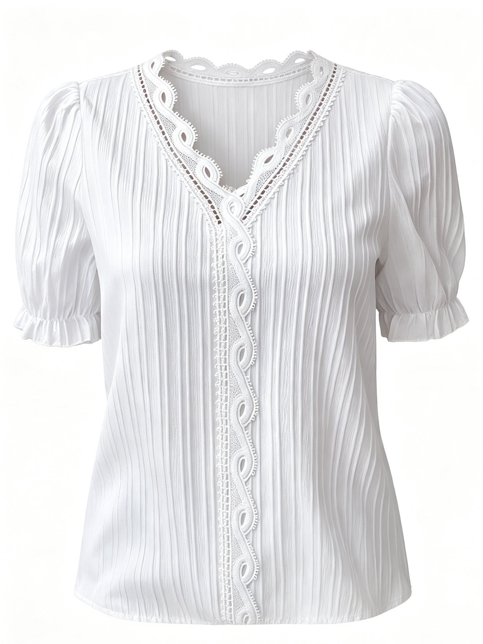 White Lace-Trim Blouse with Puff Sleeves