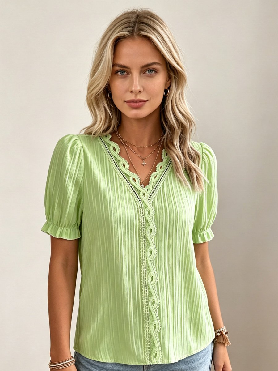 Green Textured Blouse with Lace Detail