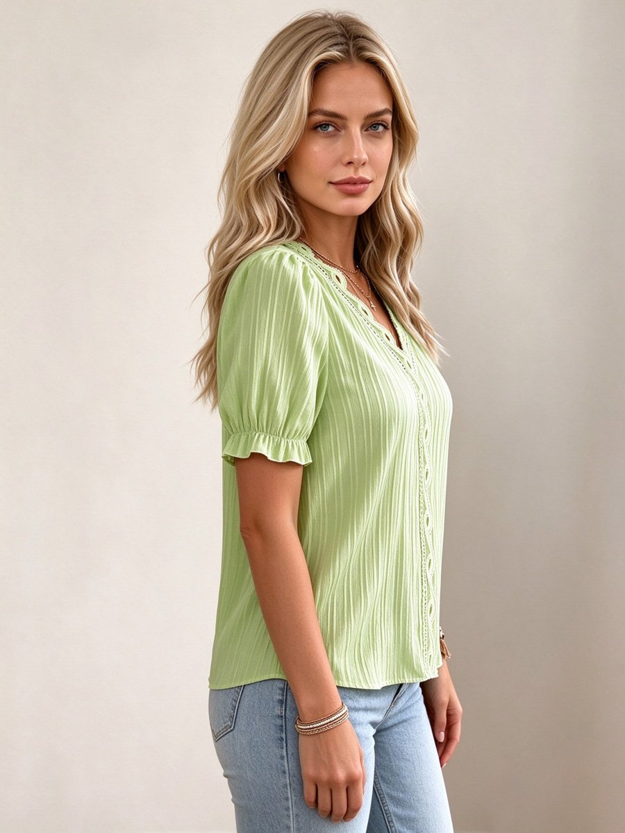 Green Textured Blouse with Lace Detail