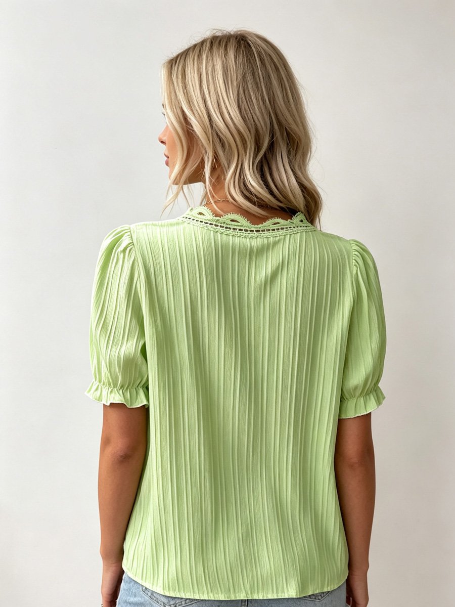 Green Textured Blouse with Lace Detail