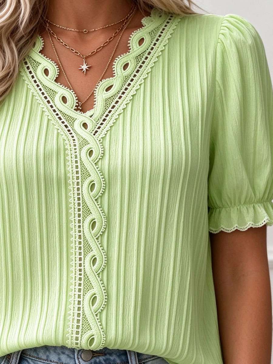 Green Textured Blouse with Lace Detail