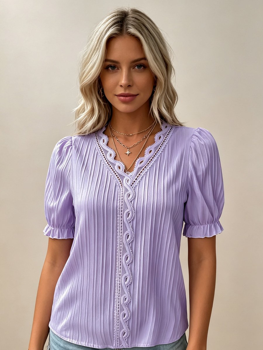 Purple Textured Blouse with Lace Detail