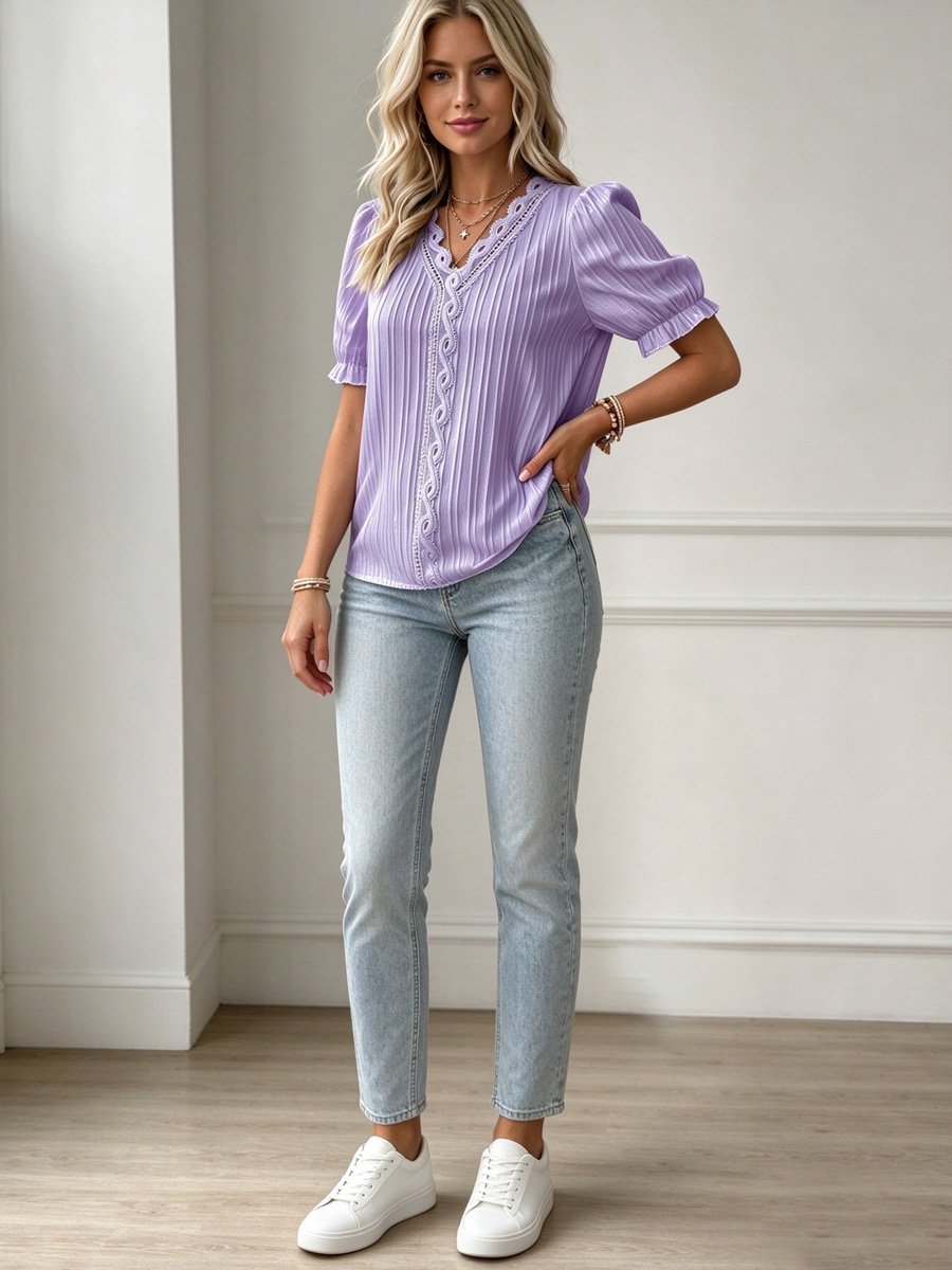 Purple Textured Blouse with Lace Detail