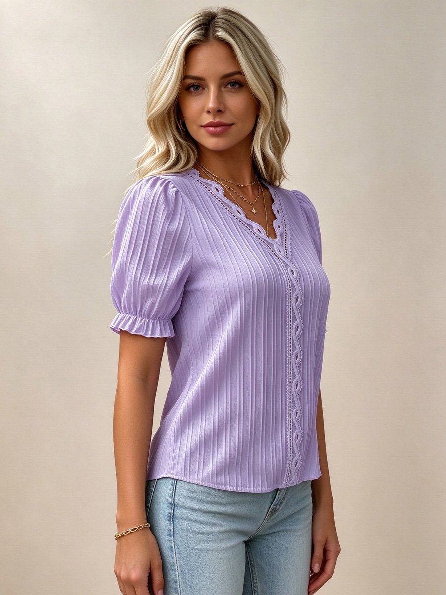 Purple Textured Blouse with Lace Detail