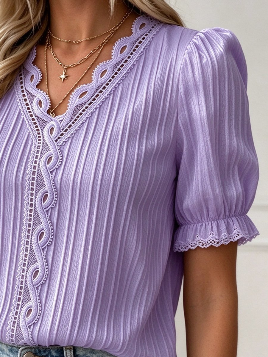 Purple Textured Blouse with Lace Detail