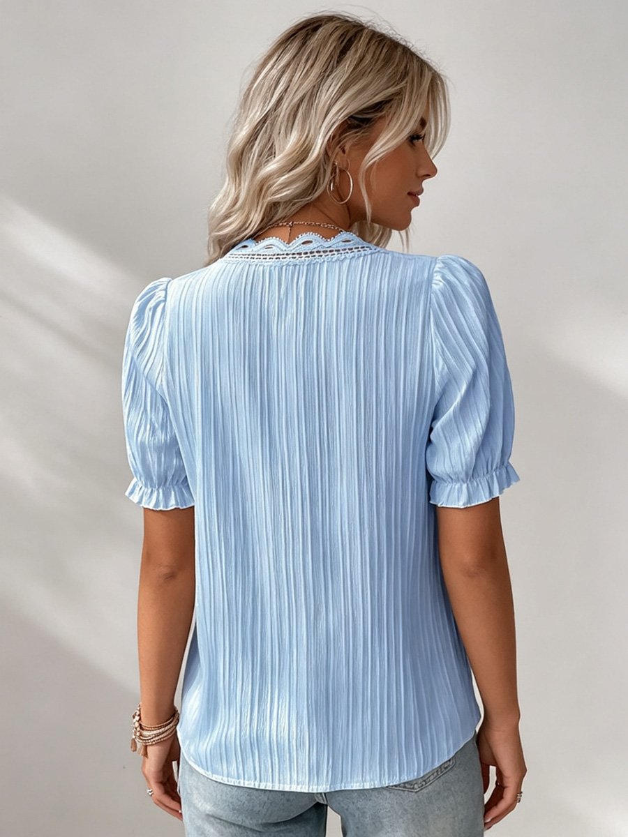 Blue Textured Blouse with Lace Detail