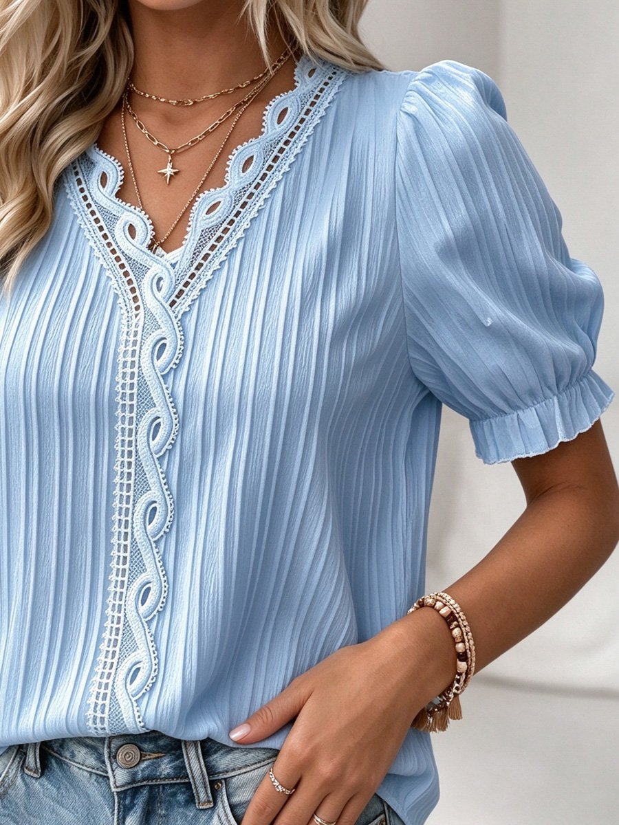 Blue Textured Blouse with Lace Detail