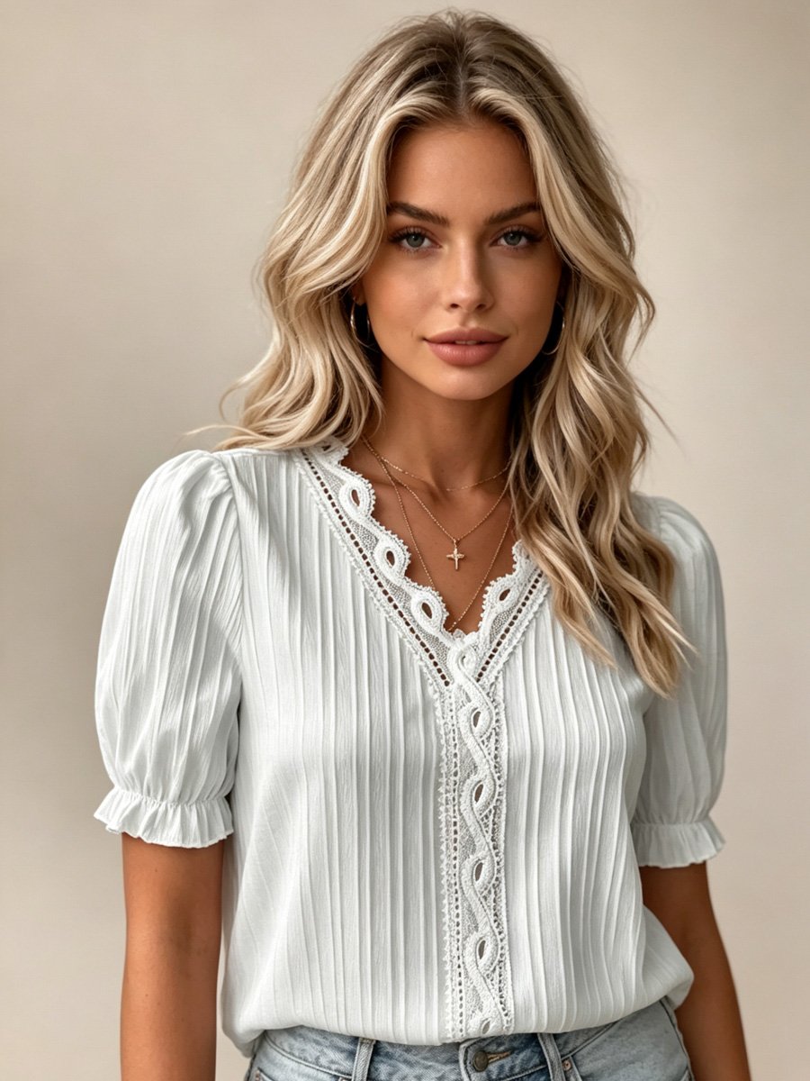 Grey Textured Lace Trim Blouse