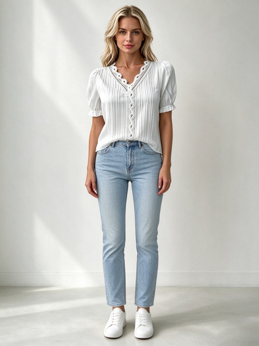 Grey Textured Lace Trim Blouse
