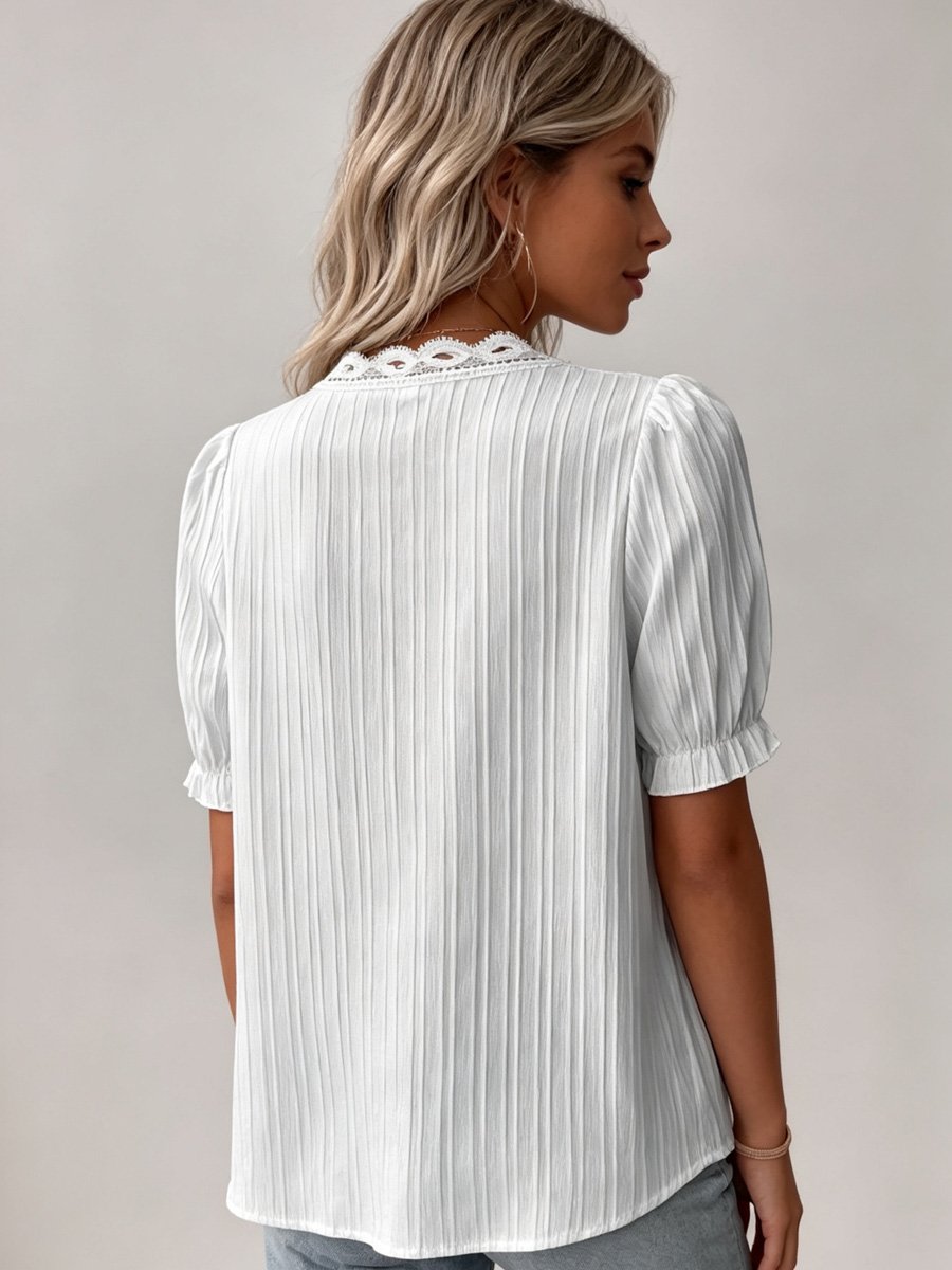 Grey Textured Lace Trim Blouse