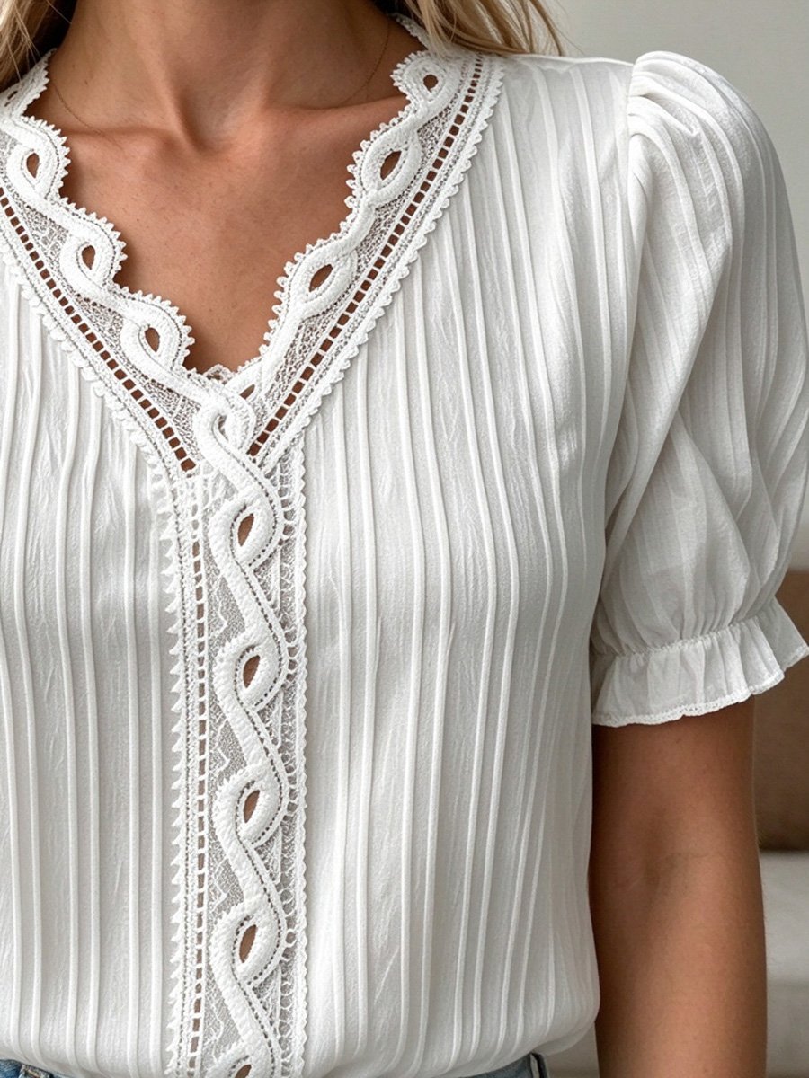 Grey Textured Lace Trim Blouse