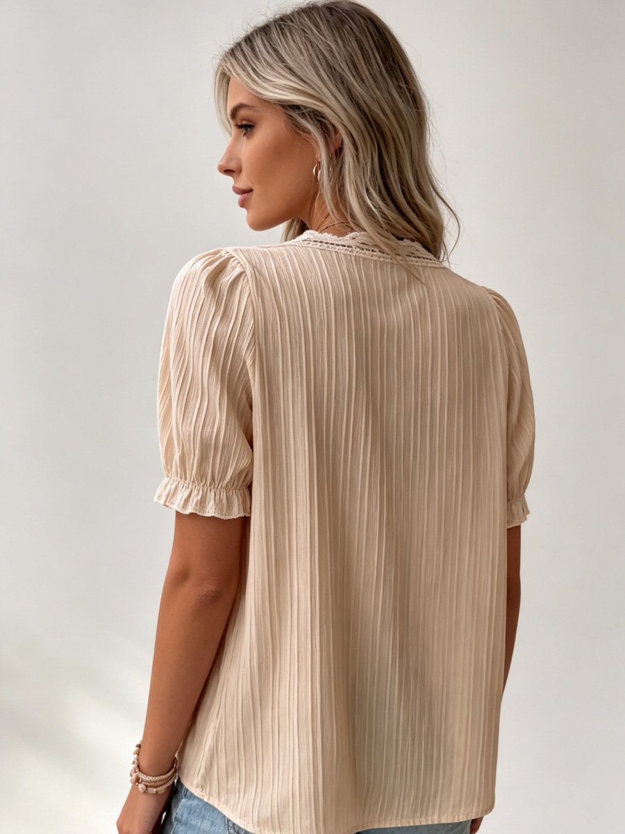 Khaki Textured Lace Trim Blouse